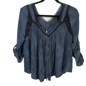 FREE PEOPLE Blue mineral wash boho black sheer lace snap closure blouse top M